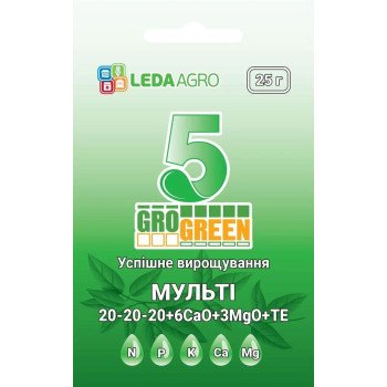 Добриво-гель Мульті 5 NPK 20-20-20+6Ca+3MgO+TE /25 г/ *Gro Green*